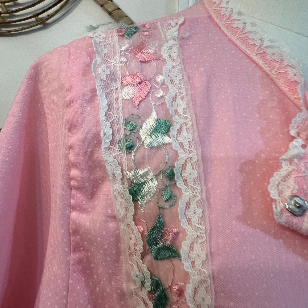 Vintage Pink Maxi Dress Button Front House Dress Nightgown Lace Trim M L - Picture 5 of 8